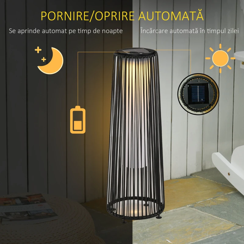 Outsunny Lanternă Solară de Grădină cu Panou de Încărcare, Lampă solară de Exterior din Metal și Ratan, Ø21.5x61 cm, Negru