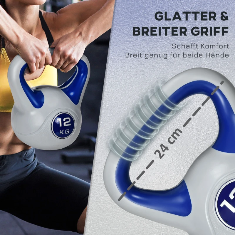 SPORTNOW Hantel kulista, Kettlebell, 12 kg, płaska podstawa, duży uchwyt, obudowa z tworzywa sztucznego, niebieski, 24 x 17 x 28 cm