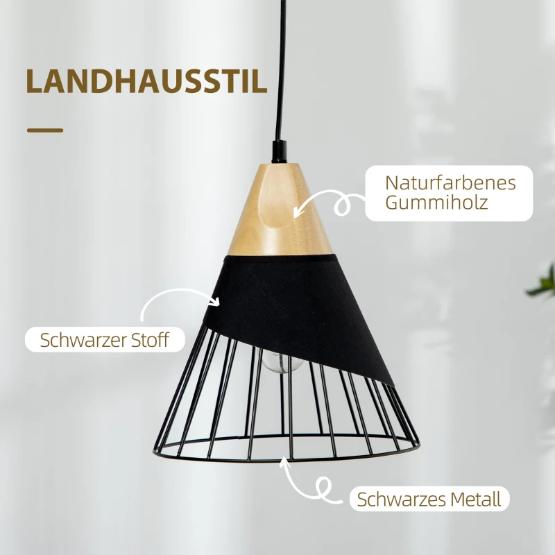 HOMCOM Lampa wisząca w designie industrialnym, 24 cm x 24 cm x 28 cm, Czarno-brązowy + Naturalny