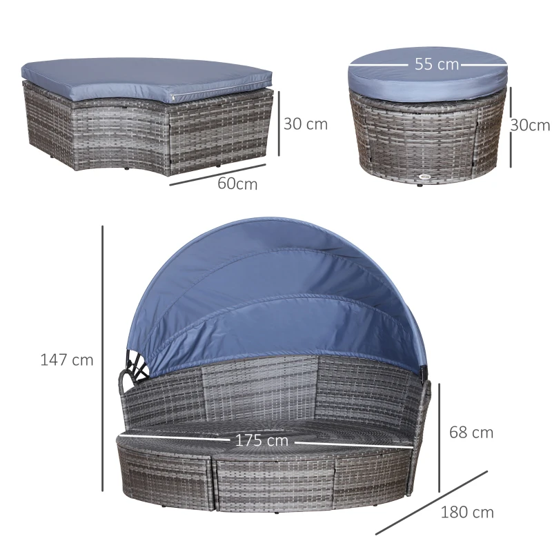 Outsunny PE Rattan Lounge Set - 5 Piece Patio Conversation Furniture Set, Garden Round Sofa Bed with Cushion and Retractable Canopy, Grey/Blue Grey