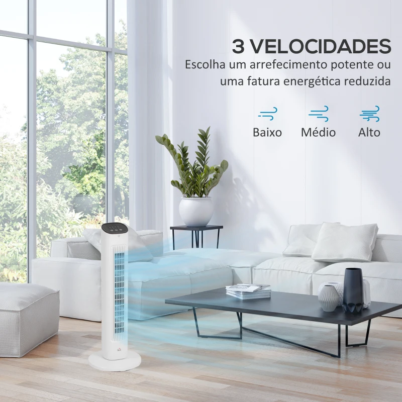 HOMCOM Ventoinha de Coluna 50W com Controlo Remoto com 3 Velocidades Temporizador 15h Oscilação 85° Ecrã LED 30x30x78 cm Branco
