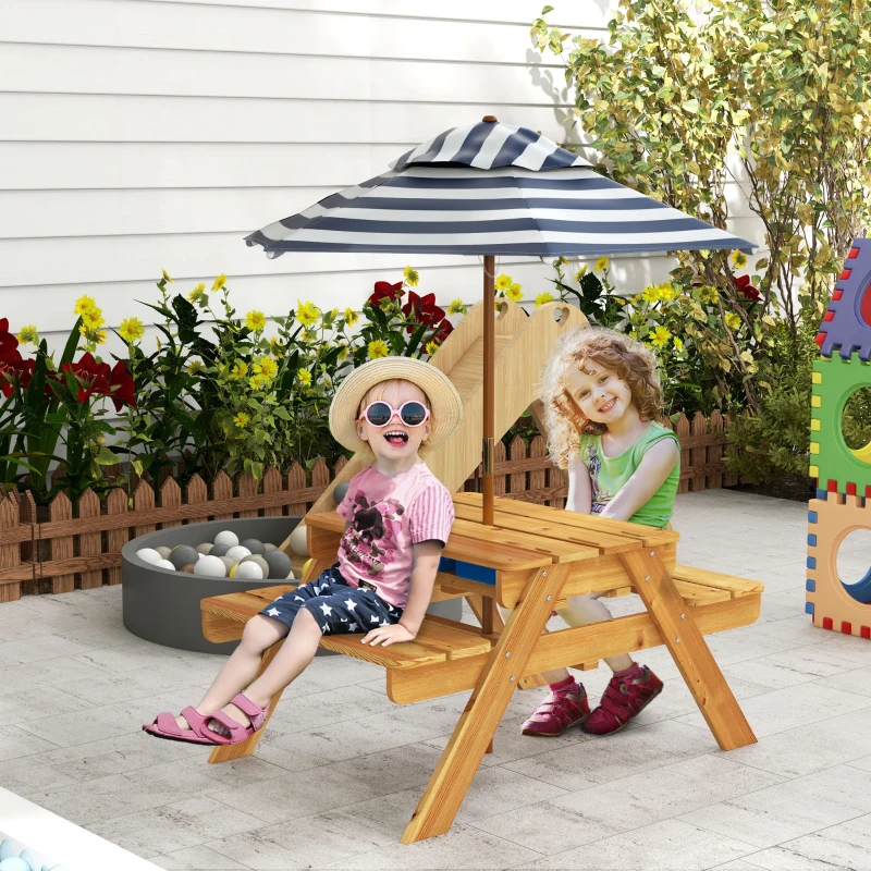 Outsunny Mesa de Piquenique para Crianças de Madeira Mesa e 2 Bancos Infantis com Chapéu de Sol e Caixa de Areia 89x80,5x42,5 cm Teca