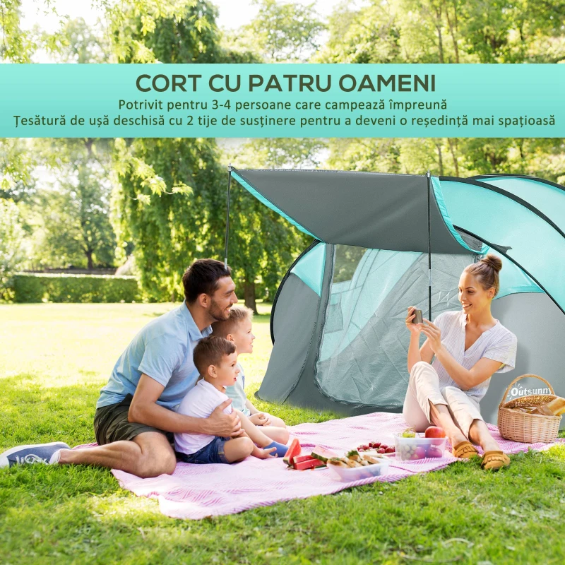 Outsunny Cort Camping 4 Persoane, Cort Automat Pop-up Iglu, 286x209x122 cm, Albastru deschis