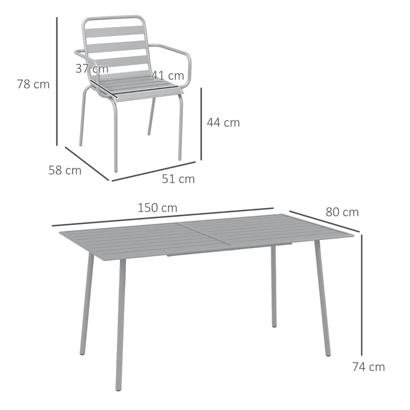 Outsunny Set de Masa de Gradina cu 7 Piese, Masa de Exterior si 6 Scaune Stivuibile, Masa cu Blat de Metal, Gri Deschis