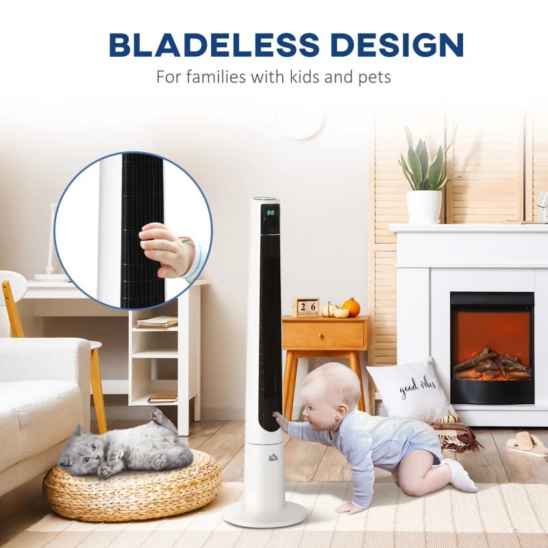 HOMCOM Ventilator Turn cu 3 Moduri și 3 Viteze cu Cronometru 12h, Ventilator de Podea ABS cu Telecomandă, Ø32x118.2 cm, Alb