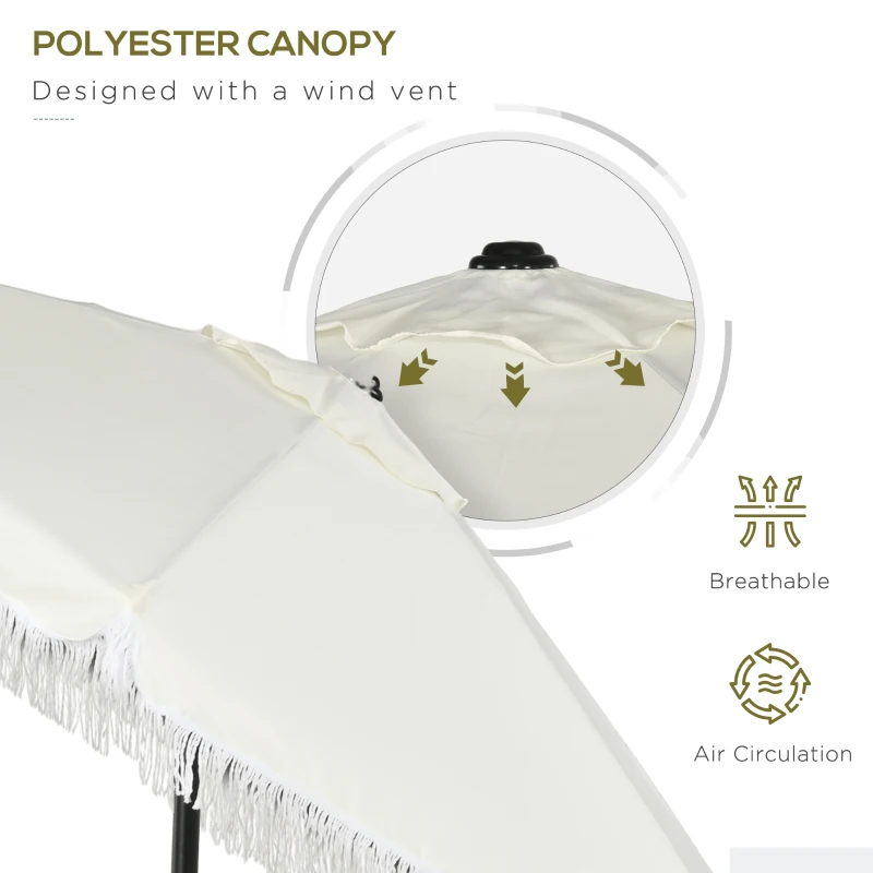 Outsunny Umbrelă de Terasă cu Înclinare, Umbrelă pentru Masă cu Volane Franjurate și Manivelă, Φ2.25x2.23 m, Alb-Crem