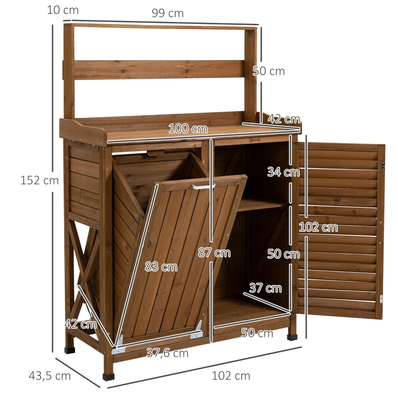Outsunny Pflanztisch mit Schrank u. Abfallbehälter, wetterbeständig, Gärtnertisch, 102 cm x 43,5 cm x 152 cm, Braun