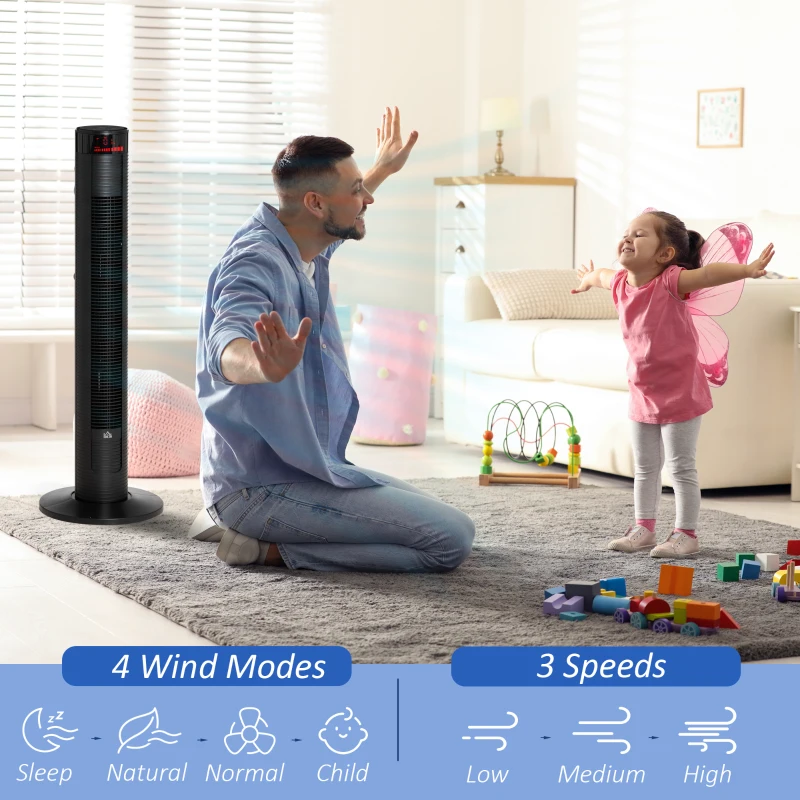 HOMCOM Ventilator Turn cu 4 Moduri și 3 Viteze cu Cronometru 12h, Ventilator de Podea ABS cu Telecomandă, 31,5x31,5x96 cm, Negru