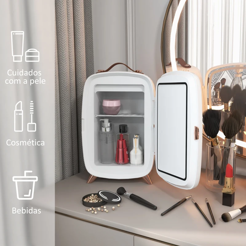 HOMCOM Mini Frigorífico de Cosméticos 6L de 9V com Porta com Espelho e Luz LED Ajustável em 3 Níveis 24,3x19,4x35,6 cm Branco
