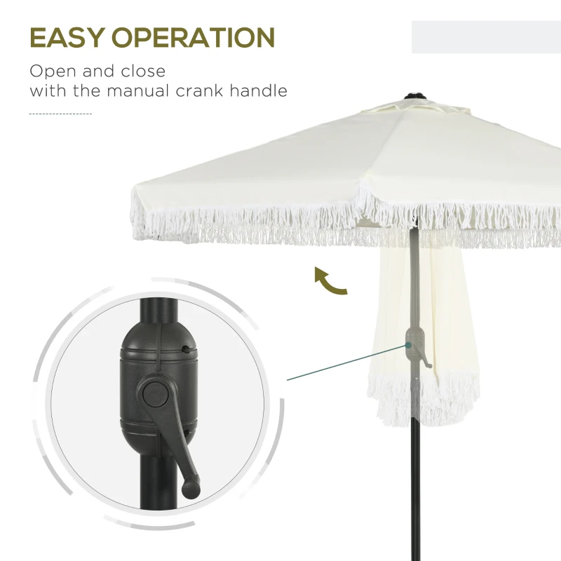 Outsunny Umbrelă de Terasă cu Înclinare, Umbrelă pentru Masă cu Volane Franjurate și Manivelă, Φ2.25x2.23 m, Alb-Crem