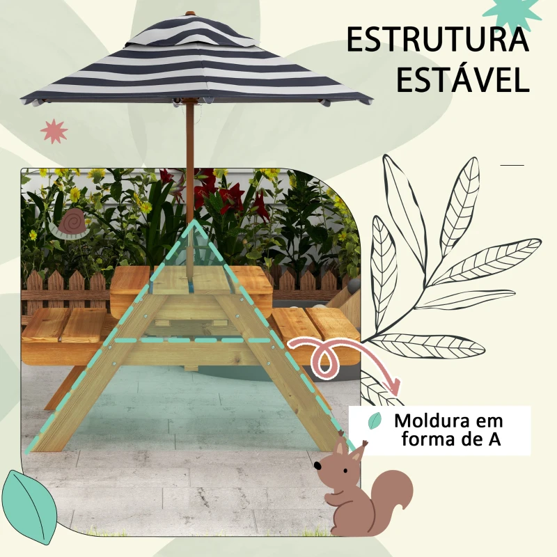 Outsunny Mesa de Piquenique para Crianças de Madeira Mesa e 2 Bancos Infantis com Chapéu de Sol e Caixa de Areia 89x80,5x42,5 cm Teca