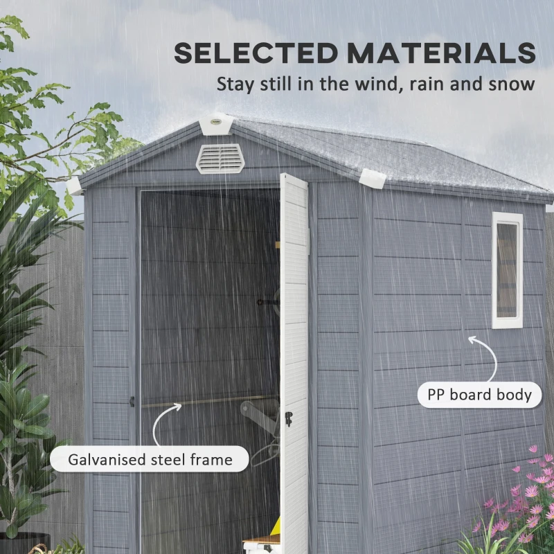 Outsunny IE Located 4 x 6ft Plastic Garden Storage Shed - Foundation Kit Included, Polypropylene Outdoor Storage Tool House with Ventilation Slots and Lockable Door, Grey
