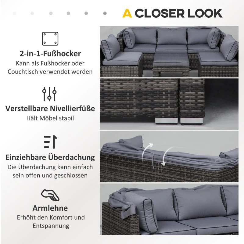 Outsunny Zestaw wypoczynkowy z rattanu z daszkiem przeciwsłonecznym, poduszkami i stolikiem Metal