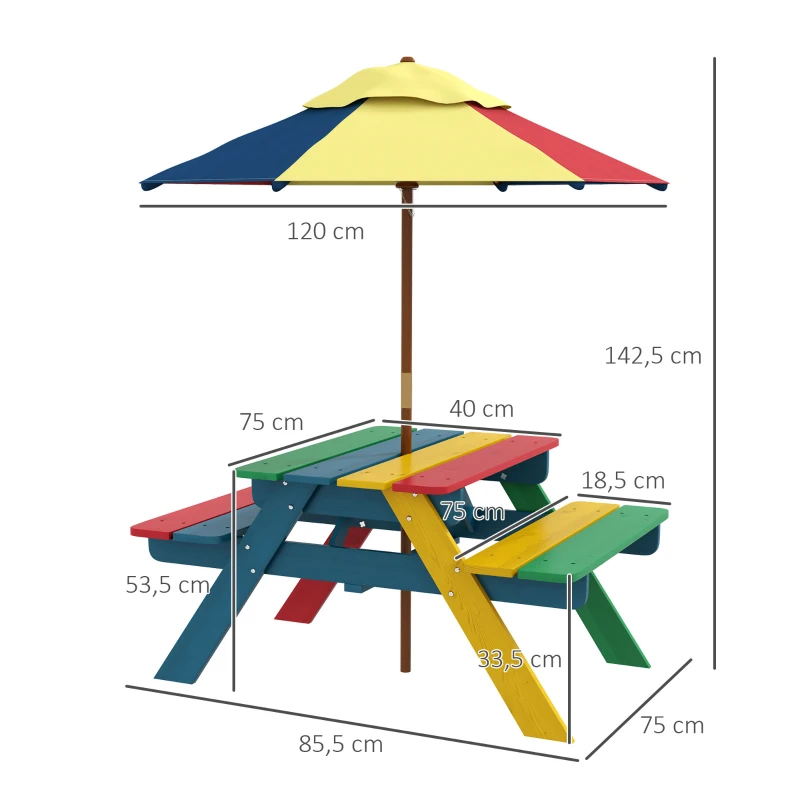 Outsunny Mesa de Piquenique para Crianças em Madeira com 2 Bancos e Chapéu de Sol Removível para Jardim 85,5x75x142,5 cm Multicolor