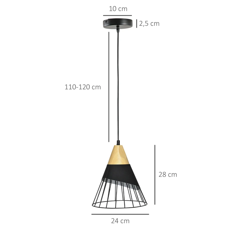 HOMCOM Lampa wisząca w designie industrialnym, 24 cm x 24 cm x 28 cm, Czarno-brązowy + Naturalny