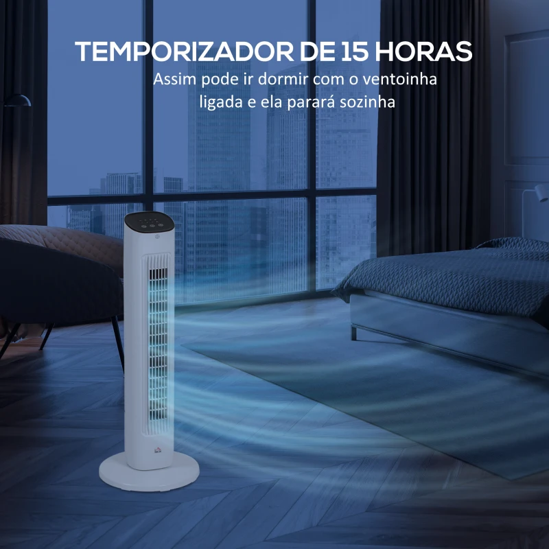 HOMCOM Ventoinha de Coluna 50W com Controlo Remoto com 3 Velocidades Temporizador 15h Oscilação 85° Ecrã LED 30x30x78 cm Branco