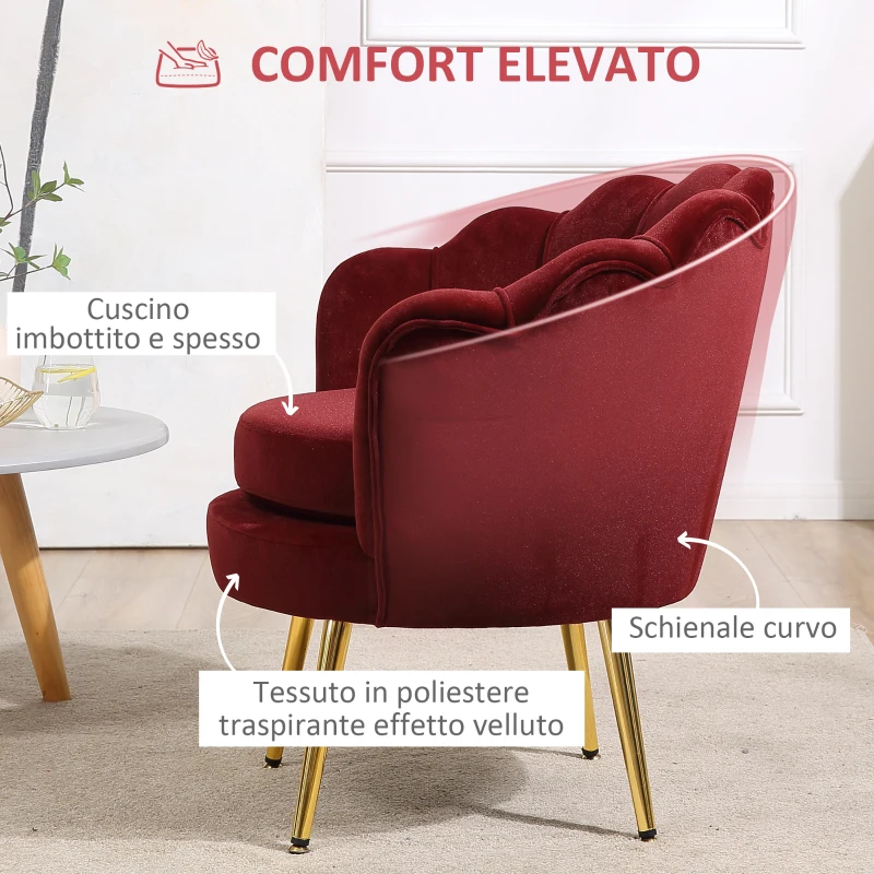 HOMCOM Poltrona a Conchiglia, Poltroncina Vintage, Poltroncina da Camera e Salotto, Design Elegante, con Schienale Alto, 76x67x74cm, Rosso Scuro