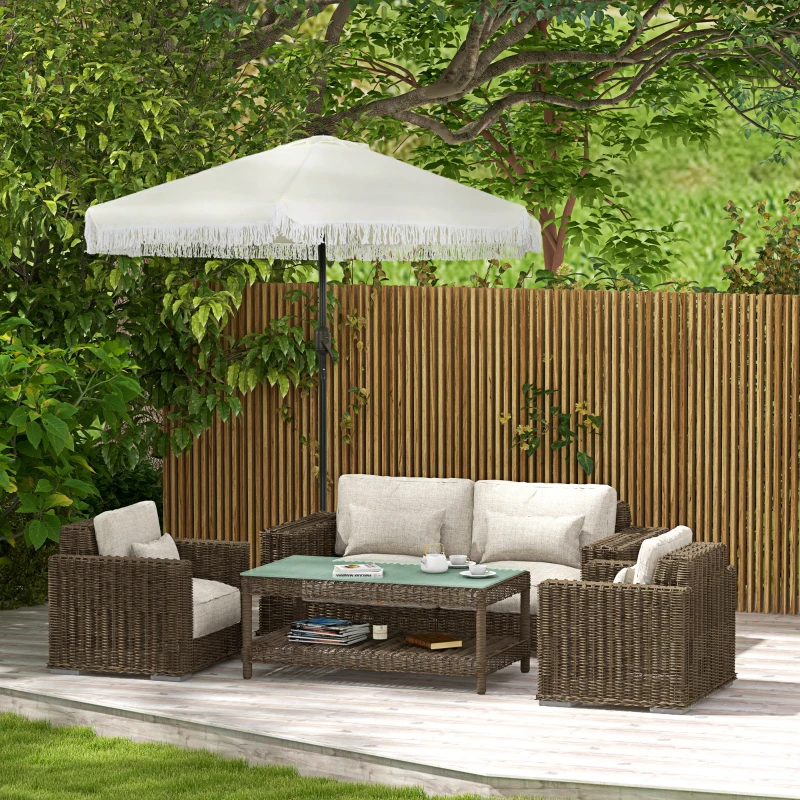 Outsunny Umbrelă de Terasă cu Înclinare, Umbrelă pentru Masă cu Volane Franjurate și Manivelă, Φ2.25x2.23 m, Alb-Crem
