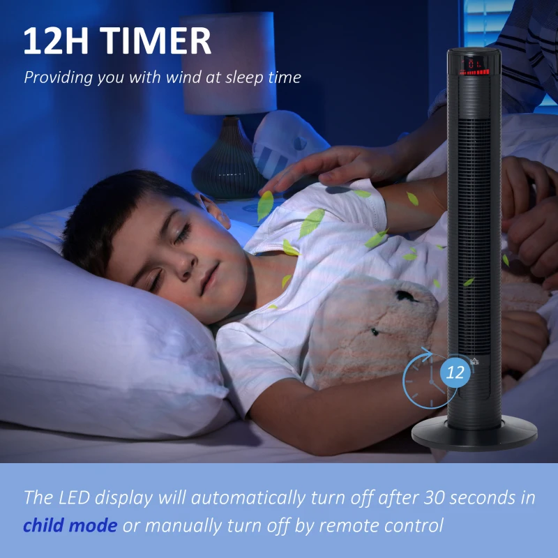 HOMCOM Ventilator Turn cu 4 Moduri și 3 Viteze cu Cronometru 12h, Ventilator de Podea ABS cu Telecomandă, 31,5x31,5x96 cm, Negru