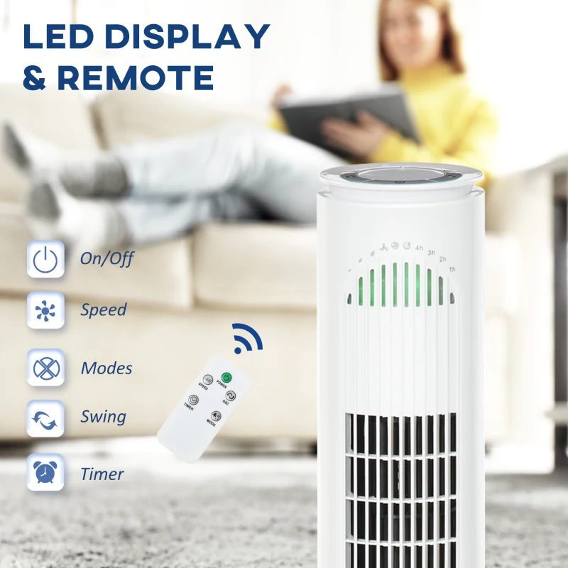 HOMCOM Ventilator Turn cu 3 Moduri și 3 Viteze cu Cronometru 10h, Ventilator de Podea ABS cu Telecomandă, Ø22x77 cm, Alb