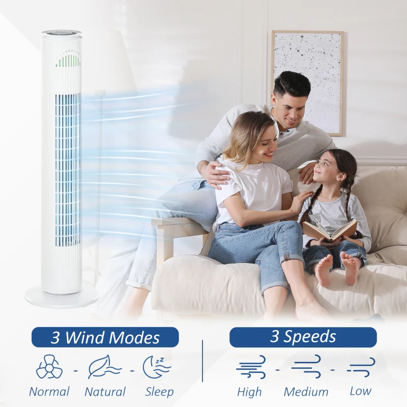 HOMCOM Ventilator Turn cu 3 Moduri și 3 Viteze cu Cronometru 10h, Ventilator de Podea ABS cu Telecomandă, Ø22x77 cm, Alb