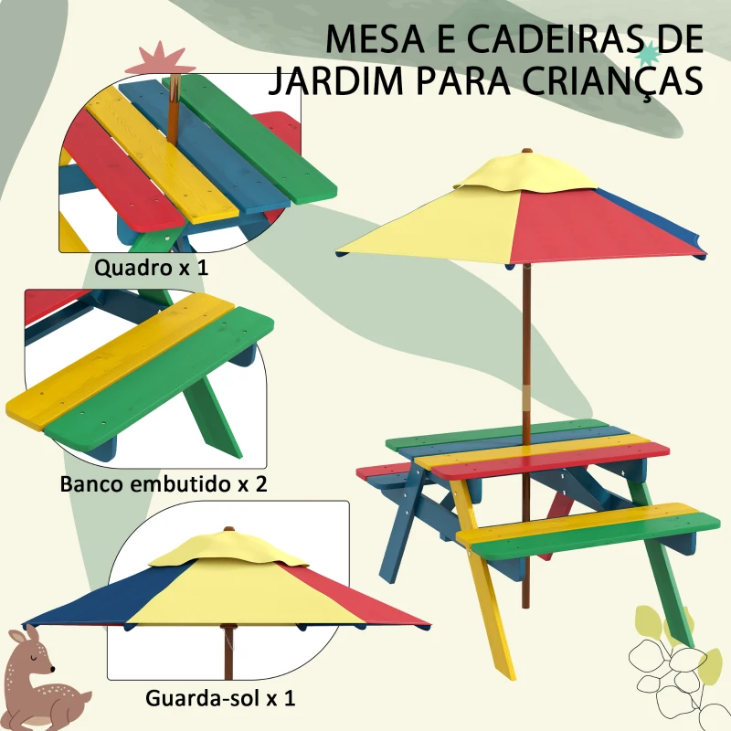 Outsunny Mesa de Piquenique para Crianças em Madeira com 2 Bancos e Chapéu de Sol Removível para Jardim 85,5x75x142,5 cm Multicolor