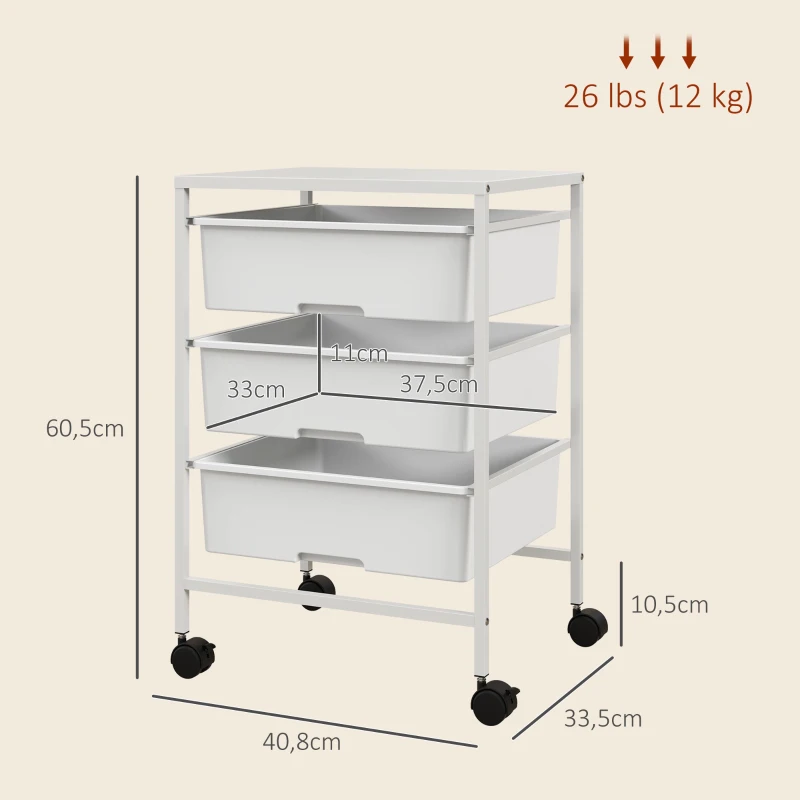 HOMCOM Carrinho Auxiliar com Rodas Carrinho de Cozinha de 3 Níveis com 3 Cestos e Estrutura de Aço 40,8x33,5x60,5 cm Branco