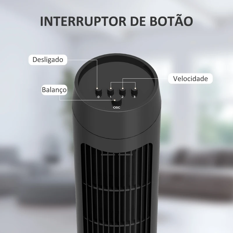 HOMCOM Ventoinha de Coluna 45W Ventoinha de Coluna Silenciosa com 3 Velocidades e Oscilação 70° para Sala Quarto Ø27x75 cm Preto