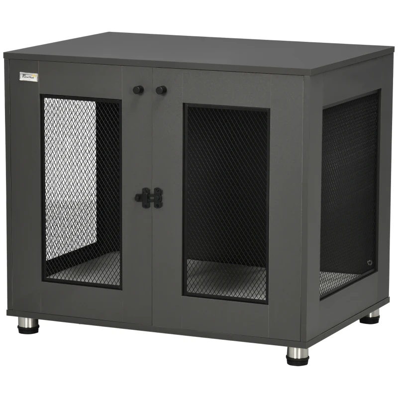 PawHut Jaula para Perros Medianos de Interior Mesa Auxiliar con 2 Puertas con Pestillo y Cojín Extraíble 80x55x70cm Gris