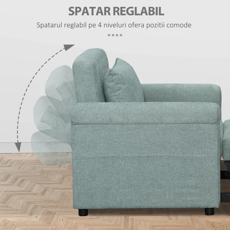HOMCOM Fotoliu de un singur loc cu spatar reglabil in 4 pozitii, tesatura cu efect de lenjerie respirabila si sezut captusit, 96x84,5x87,5 cm, verde