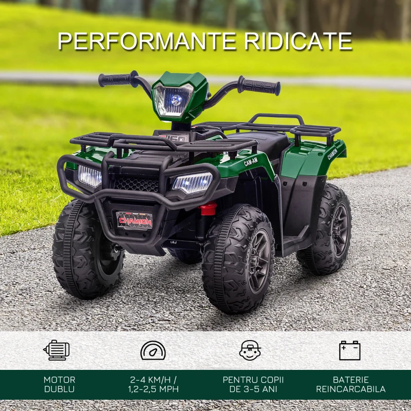 HOMCOM ATV pentru copii cu functii de mers inainte si inapoi, Masina Electrica Ride-on 12V ATV Jucarie ATV cu lumini LED Muzica pentru 3-5 ani, Verde(m-4)