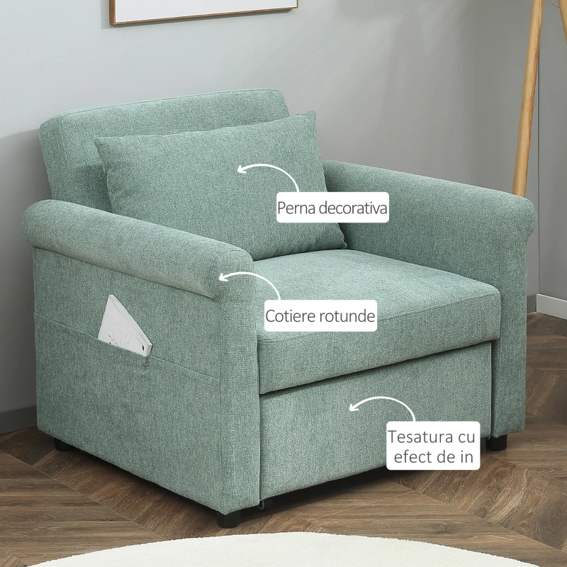 HOMCOM Fotoliu de un singur loc cu spatar reglabil in 4 pozitii, tesatura cu efect de lenjerie respirabila si sezut captusit, 96x84,5x87,5 cm, verde