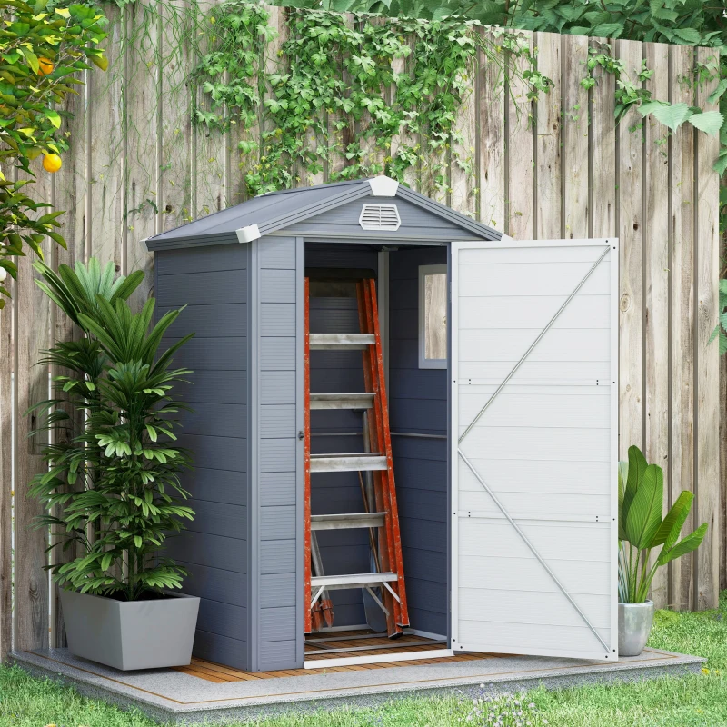 Outsunny IE Located 4 x 3ft Plastic Garden Storage Shed - Foundation Kit Included, Polypropylene Outdoor Storage Tool House with Ventilation Slots and Lockable Door, Grey