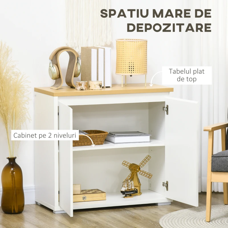 Homcom Bufet Alb – Dulap Usi Duble & Raft Reglabil pentru Depozitare