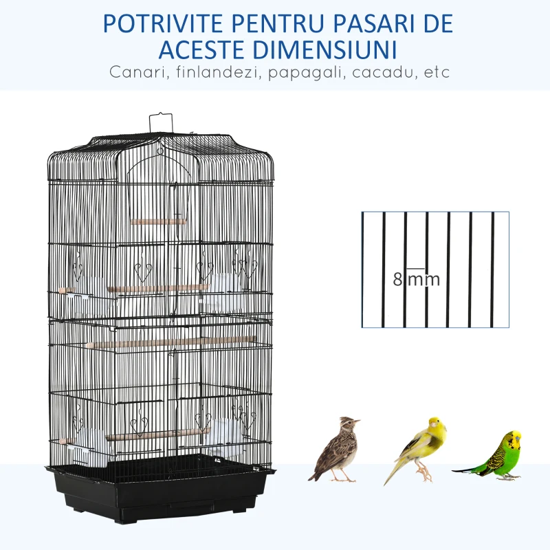 PawHut Colivie pentru pasari cu Stinghii, Leagan si boluri, Voliera din Metal si Plastic, 46.5x35.5x92 cm, Negru