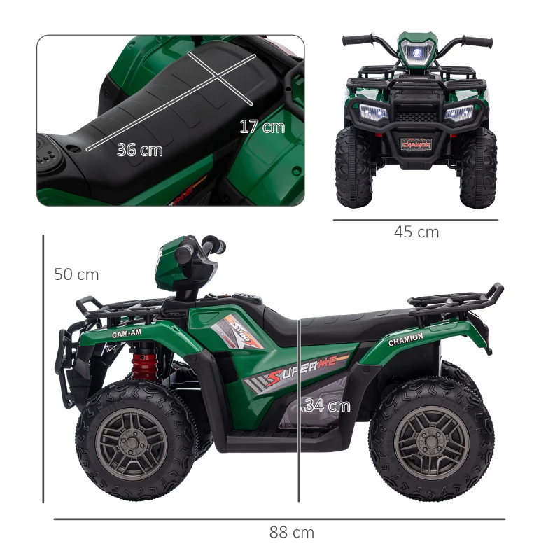 HOMCOM ATV pentru copii cu functii de mers inainte si inapoi, Masina Electrica Ride-on 12V ATV Jucarie ATV cu lumini LED Muzica pentru 3-5 ani, Verde(m-3)