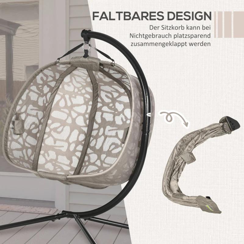 Outsunny Fotel wiszący, dla 2 osób, składany kosz siedzenia, duża poduszka, Piaskowy, 130 x 103 x 172 cm