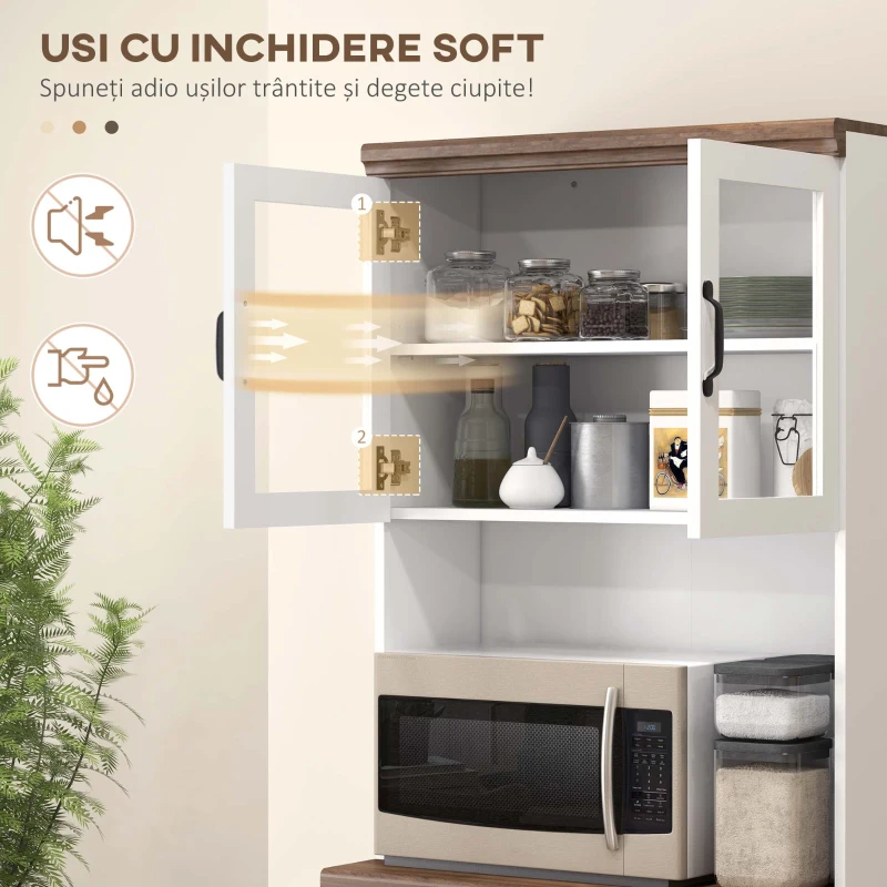 Bufet de bucatarie HOMCOM cu dulap superior, Camara cu usi cu rame de sticla, 2 dulapuri cu usi duble, 1 blat din lemn deschis cuptor cu microunde, Alb(m-6)