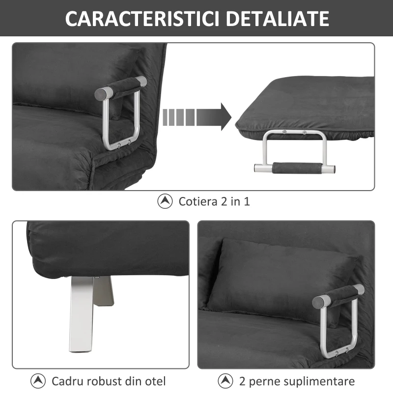 HOMCOM Canapea Extensibilă cu Șezut Reglabil în 5 Poziții și Perne Detașabile, Canapea din Imitație de Piele, 105x80x78 cm, Gri(m-5)