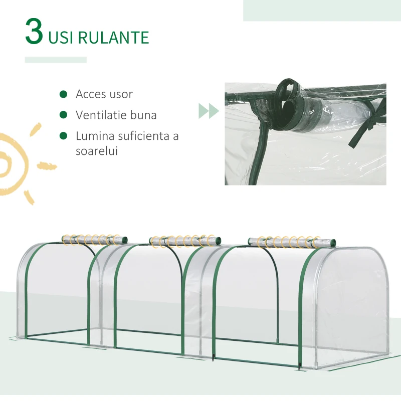 Outsunny Sera tip tunel din PVC transparent si otel, pentru plante si flori, cu usi cu fermoar, 295x100x80 cm