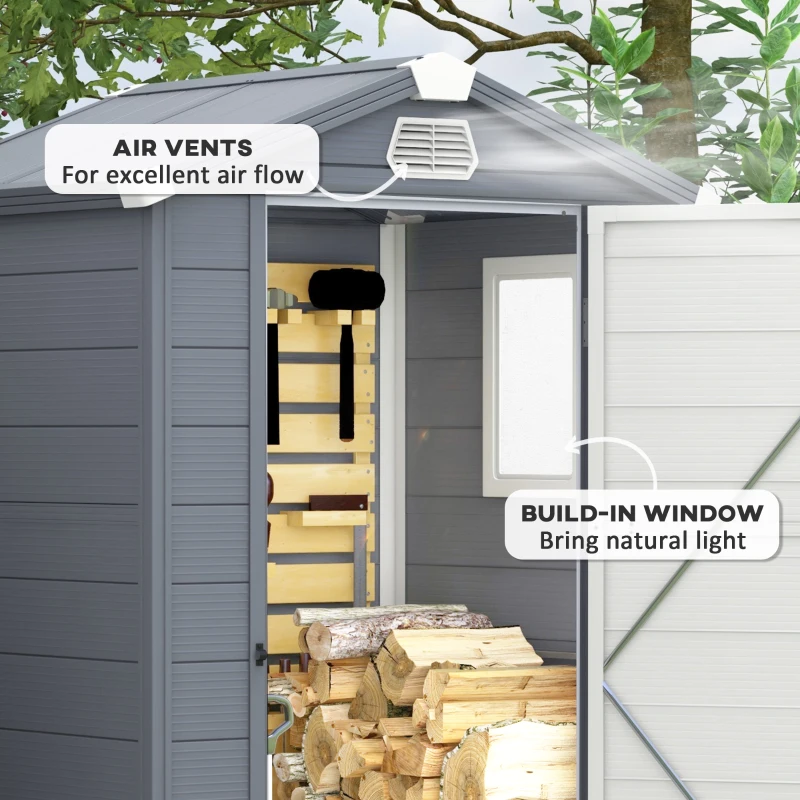 Outsunny IE Located 4 x 3ft Plastic Garden Storage Shed - Foundation Kit Included, Polypropylene Outdoor Storage Tool House with Ventilation Slots and Lockable Door, Grey