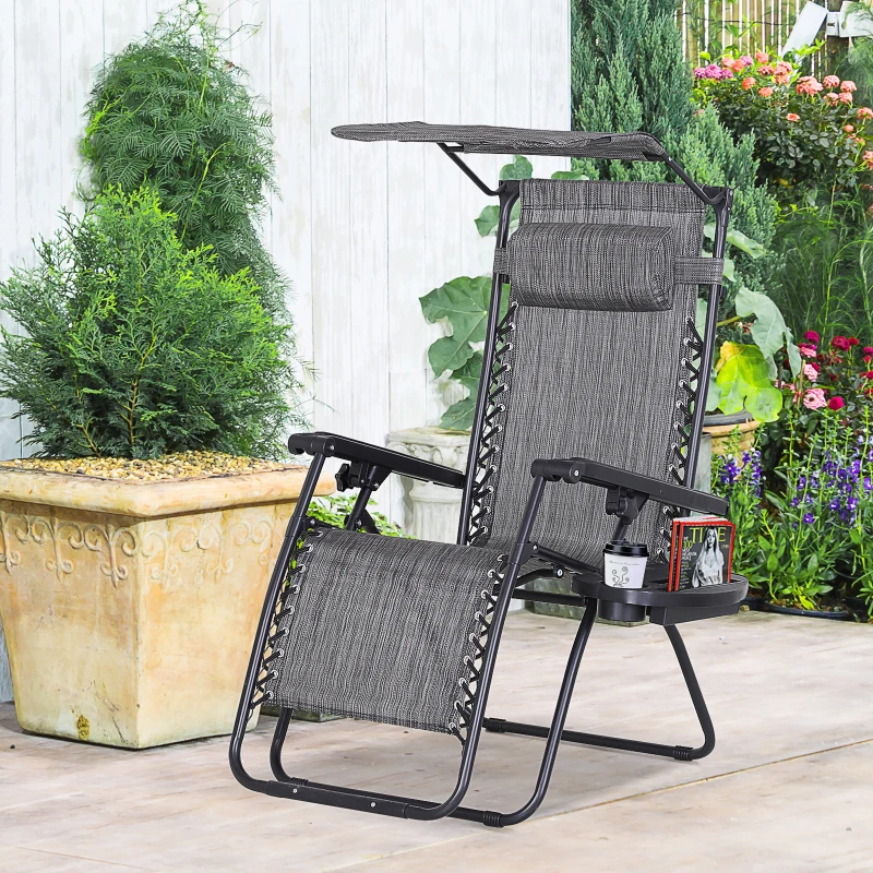 Outsunny Foldable Reclining Garden Chair with Headrest, Zero Gravity Deck Sun Lounger Seat with Footrest, Armrest, Cup Holder & Canopy Shade, Grey