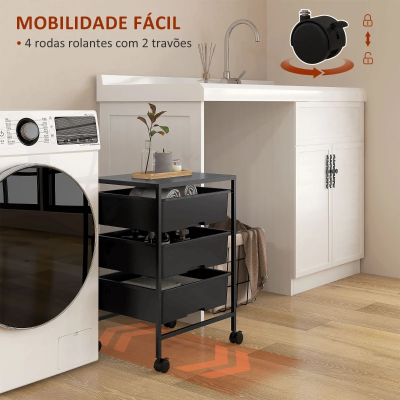 HOMCOM Carrinho Auxiliar com Rodas Carrinho de Cozinha de 3 Níveis com 3 Cestos e Estrutura de Aço 40,8x33,5x60,5 cm Preto