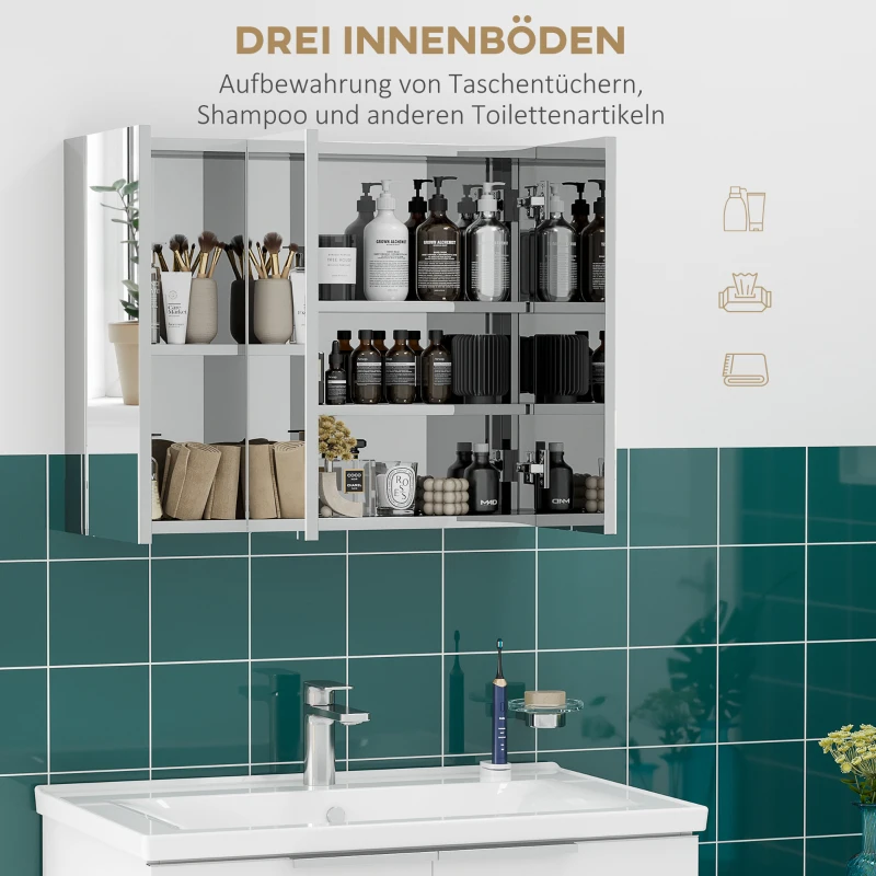 kleankin Szafka z lustrem, szafka łazienkowa, 3 drzwi lustrzane, 5 półek wewnętrznych, stal nierdzewna, Kolor: Srebrny, 70 x 12 x 55 cm