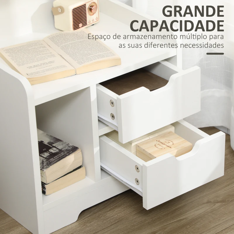 HOMCOM Mesa de Cabeceira Moderna com 2 Gavetas e 3 Compartimentos para Sala de Estar Quarto Carga 30 kg 40x30x60 cm Branco