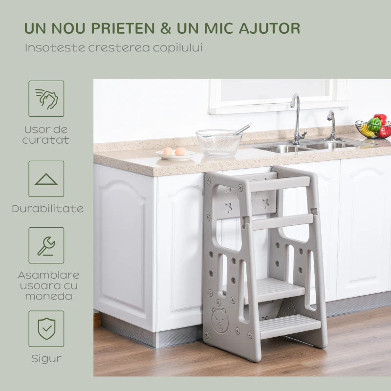 HOMCOM Scara pentru Copii Turn Montessorian, Inaltime Reglabila 3 Niveluri, HDPE Inodora, 47x47x90cm, Gri