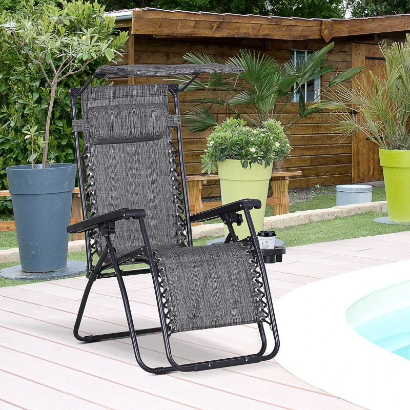 Outsunny Foldable Reclining Garden Chair with Headrest, Zero Gravity Deck Sun Lounger Seat with Footrest, Armrest, Cup Holder & Canopy Shade, Grey