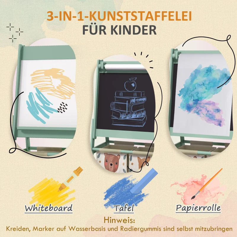 AIYAPLAY 3-in-1 Kinder Ezel met Papierrol, Krijtbord, Whiteboard, Opbergmanden, 54 x 46,5 x 93 cm, Groen