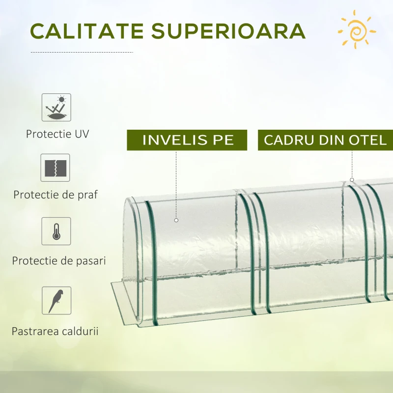 Outsunny Sera tip tunel din PVC transparent si otel, pentru plante si flori, cu usi cu fermoar, 295x100x80 cm