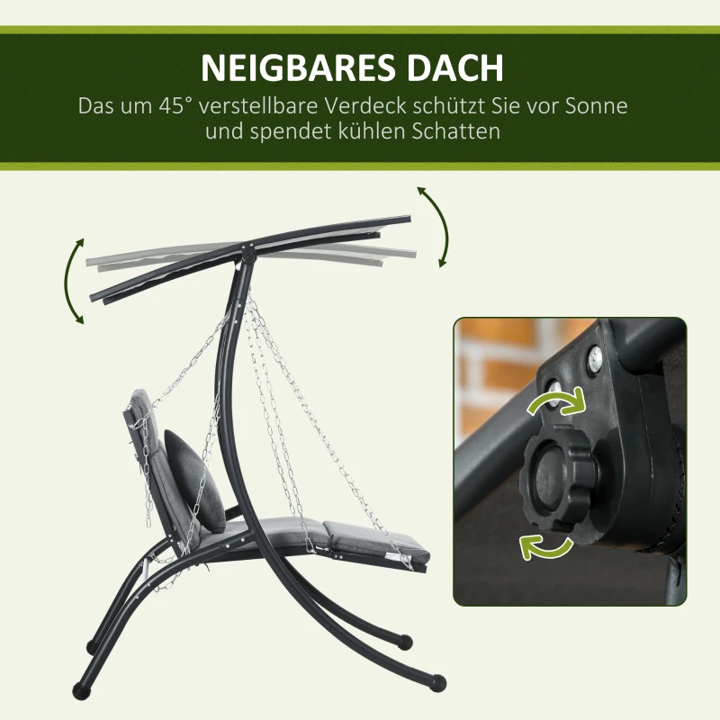 Outsunny Leżanka Wisząca, regulowany dach, w zestawie poduszka siedziska, poduszka na głowę, rama stalowa, ciemnoszary, 108 x 145 x 169 cm